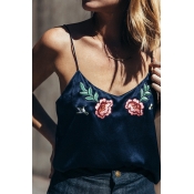 Chic Floral Embroidered Spaghetti Straps Sleeveless Fashion Cami Top