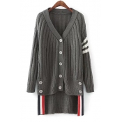 New Arrival Fashion High Low Hem Long Sleeve Striped Print Buttons Down Cardigan