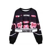 Chic Floral Printed Round Neck Long Sleeve Loose Pullover Cropped Sweatshirt