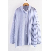 New Trendy Fashion Striped Printed Lapel Collar Long Sleeve Buttons Down Shirt