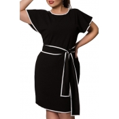 Fashion Elegant Round Neck Short Sleeve Tied Waist Color Block Midi Pencil Dress