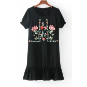 Women's Embroidery Floral Pattern Ruffle Hem Short Sleeve Round Neck T-Shirt Dress