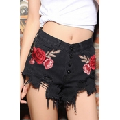 Summer's Chic Floral Embroidered High Waist Buttons Down Ripped Denim Shorts