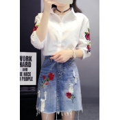 Chic Floral Embroidered Lapel Collar Half Sleeve Buttons Down Shirt with Mini A-Line Denim Skirt