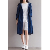 Basic Simple Plain Hooded Long Sleeve Oversize Longline Denim Coat