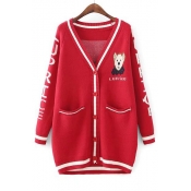 Cartoon Bear Letter Printed Color Block Long Sleeve Buttons Down Cardigan