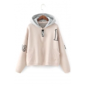 New Arrival Hooded Long Sleeve Letter Printed Zip Placket Knit Cardigan Coat