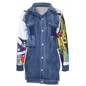 New Trendy Fashion Printed Color Block Long Sleeve Buttons Down Denim Coat