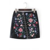New Stylish Oblique Zip Fly Embroidery Floral Pattern Mini PU Skirt