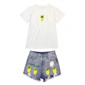 Summer's Pineapple Pattern Round Neck Short Sleeve Tee with Denim Shorts