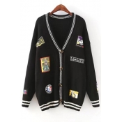 New Collection Cartoon Patchwork Long Sleeve V Neck Buttons Down Cardigan