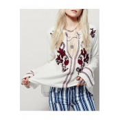 Chic Floral Embroidered Round Neck Long Sleeve Loose Peasant Blouse