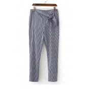 Classic Striped Pattern Zip Side Knotted Waist Casual Tapered Pants