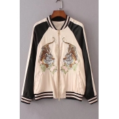 Fashion Embroidery Tiger Pattern Contrast Long Sleeve Zip Up Baseball Jacket