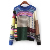 Chic Colorful Color Block Cable Knit Round Neck Long Sleeve Pullover Sweater