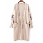 Chic Floral Embroidered Long Sleeve Flared Cuff Open Front Longline Cardigan