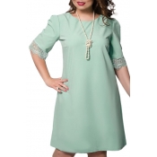 Fashion Graceful Lace Inserted Half Sleeve Round Neck Oversize Midi Swing Dress