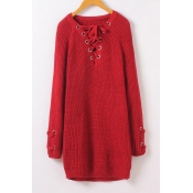 Women's Lace Up V-Neck Long Sleeve Plain Tunic Pullover Sweater