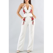 Hot Fashion Sleeveless Chic Floral Embroidered Plunge Neck Wide Legs Jumpsuits