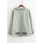 Forest Embroidered Hem Long Sleeve Hooded Single Breasted Cotton Coat