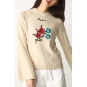 Basic Simple Floral Letter Embroidered Round Neck Long Sleeve Pullover Sweater