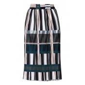 New Fashion Elastic Waist Color Block Striped Print Sashes Midi Pleated Skirt