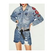 New Stylish Ripped High Low Hem Embroidery Floral Pattern Single Breasted Denim Jacket