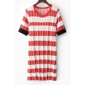 Chic Color Block Striped Printed Round Neck Short Sleeve Midi Knit Dress