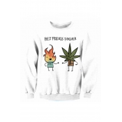 Funny Cartoon Fire Leaf Graphic Printed Long Sleeve Round Neck Pullover Sweatshirt