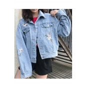 Loose Embroidery Floral Pattern Lapel Single Breasted Denim Jacket