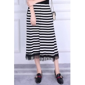 Split Front Tassel Hem Striped Color Block Maxi Skirt