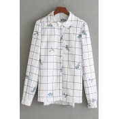 Fashion Blue Floral Embroidered Plaids Pattern Long Sleeve Buttons Down Shirt