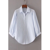 3/4 Length Sleeve Lapel Single Breasted Striped Shirt