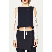 Fashion Fake Two-Piece Hollow Out Long Sleeve Color Block Cropped Blouse