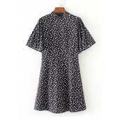 Women's Polka Dots Printed Short Sleeve Half High Neck Mini Dress
