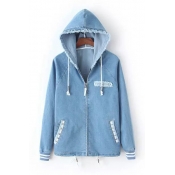 New Arrival Letter Embroidered Hooded Long Sleeve Zip Up Denim Coat