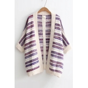 New Trendy Color Block Striped Pattern Open Front Cardigan
