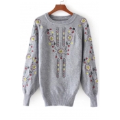 Raglan Long Sleeve Embroidery Floral Pattern Round Neck Pullover Sweater