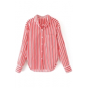 Striped Pattern Lapel Collar Long Sleeve Buttons Down Shirt with Single Pocket