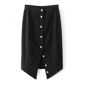 Fashion Buttons Down Split Front Simple Plain Midi Denim Skirt
