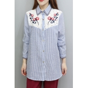 Floral Embroidered Striped Pattern Long Sleeve Buttons Down Shirt