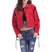 Lace Up Long Sleeve Lapel Single Breasted Contrast Letter Printed Denim Jacket