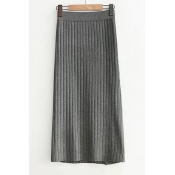High Rise Elastic Waist Basic Simple Plain Midi Knit Skirt