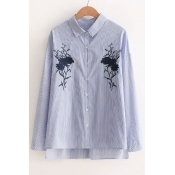 Fashion Embroidery Floral Pattern High Low Hem Single Breasted Striped Shirt