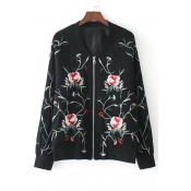Symmetric Floral Embroidered Zipper Placket Stand-Up Collar Coat