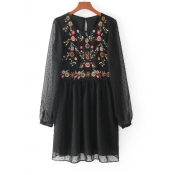 Fashion Floral Embroidered Round Neck Long Sleeve Mini Smock Dress