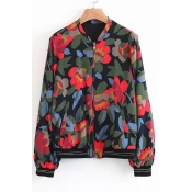 Fashion Floral Pattern Stand-Up Collar Long Sleeve Zip Up Baseball Jacket