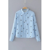Birds Striped Pattern Casual Loose Long Sleeve Buttons Down Shirt