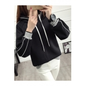 Basic Casual Loose Color Block Striped Cuff Long Sleeve Hoodie