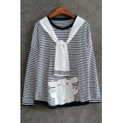 Cartoon Patched Striped Printed Round Neck Long Sleeve T-Shirt with Tie Collar